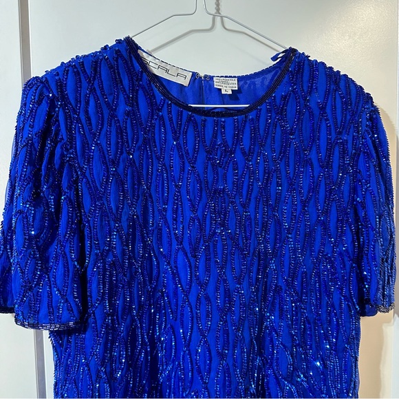 Vintage glittery sparkle newyears party unique sequin blue formal top size large - Picture 5 of 14